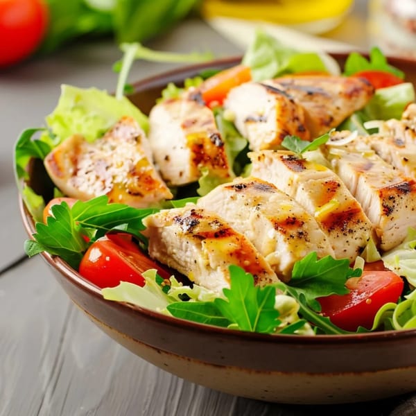Grilled chicken salad with fresh greens, cherry tomatoes, and parsley in a brown bowl.